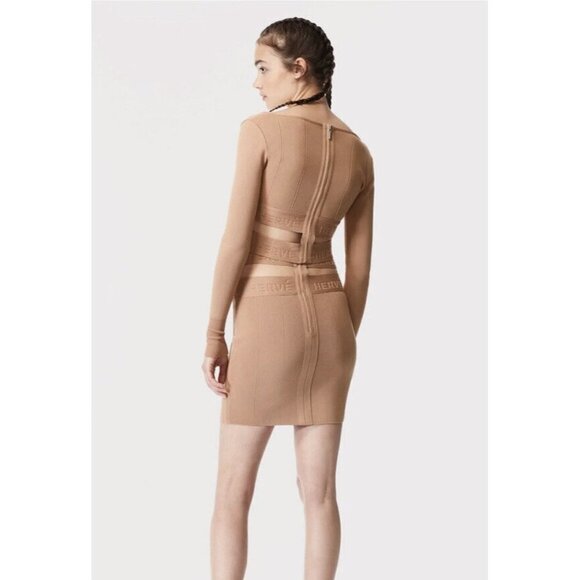 Herve Leger Long Sleeve Scoop Neck Crop Top Sun Beige NWT Small - Picture 5 of 12